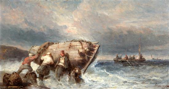 19th century Dutch School Fishermen on the shore and putting out to sea 9.75 x 18in., unframed